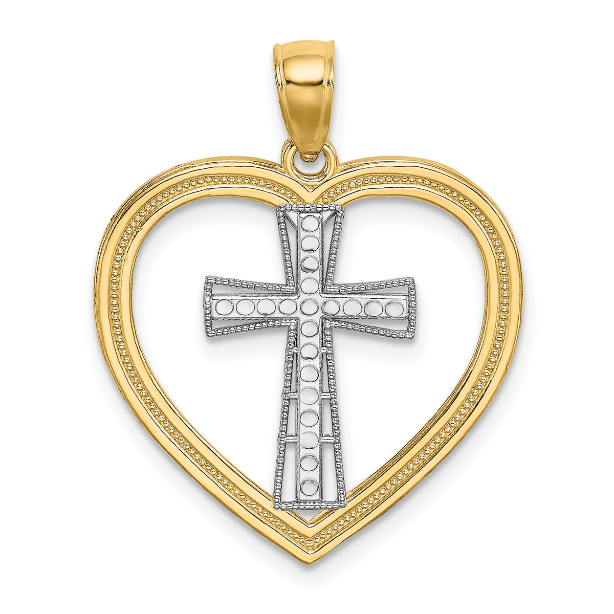 14K & White Rhodium Heart W/White Cross In Center Charm-K9494