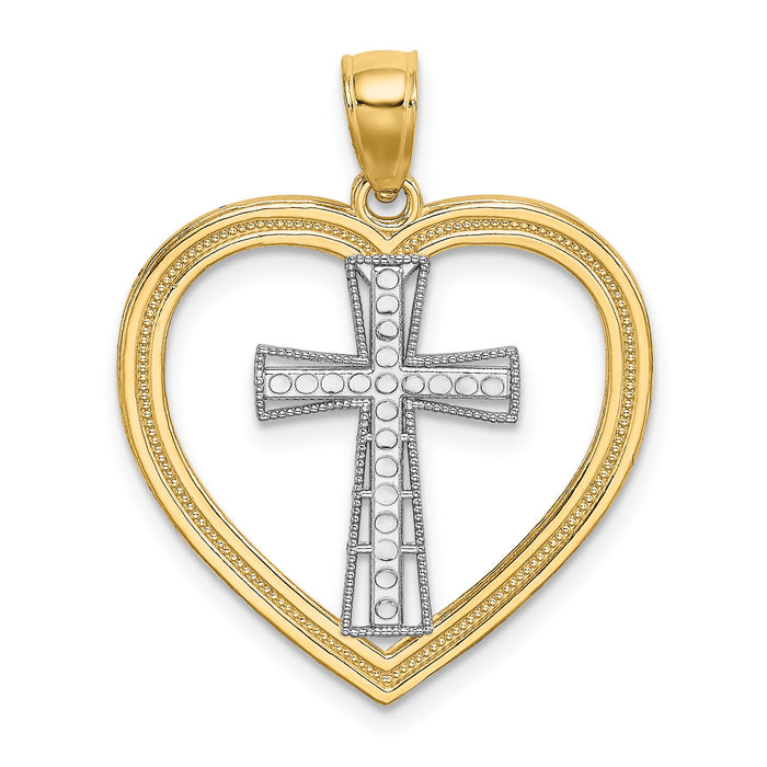 14K & White Rhodium Heart W/White Cross In Center Charm-K9494