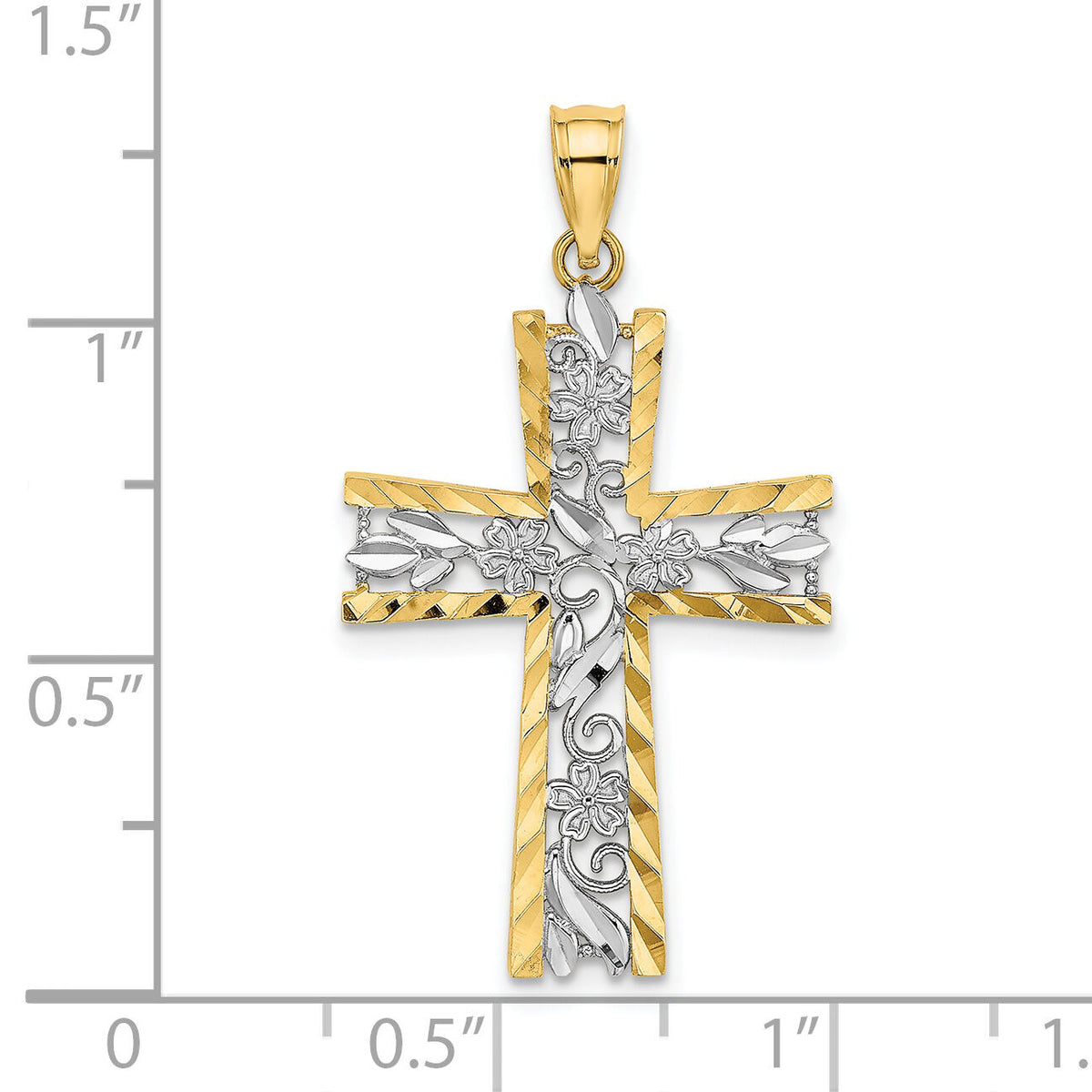 14K W/ Rhodium and D/C Flower Design Cross Charm-K9496
