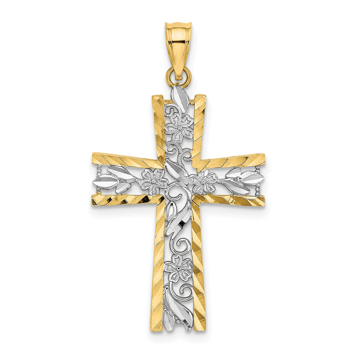 14K W/ Rhodium and D/C Flower Design Cross Charm-K9496