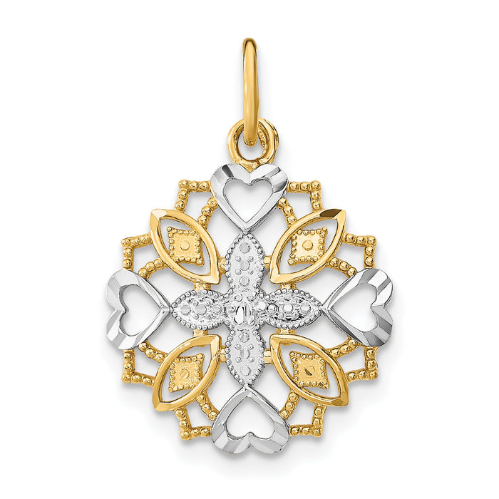14K w/Rhodium Center Flower and Heart Charm-K9503