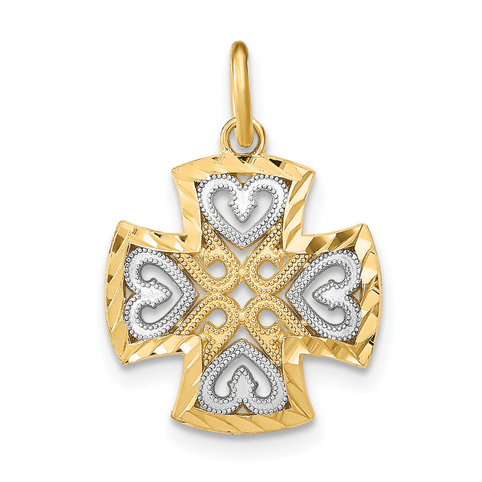 14K w/Rhodium Hearts and D/C Maltese Cross Charm-K9505
