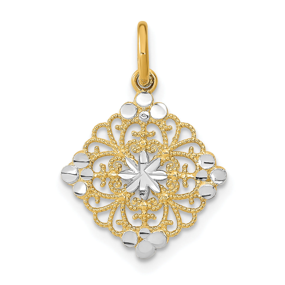 14K w/Rhodium and D/C Filigree Medallion Charm-K9506