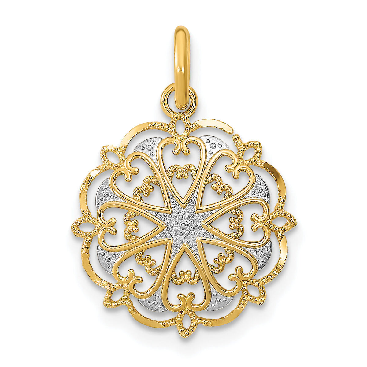 14K w/Rhodium and D/C Filigree Heart Round Charm-K9507