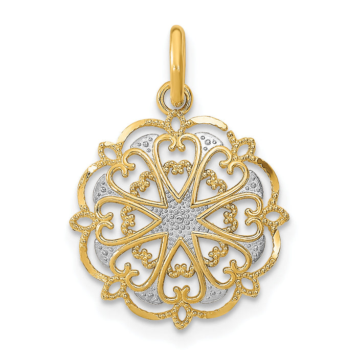 14K w/Rhodium and D/C Filigree Heart Round Charm-K9507