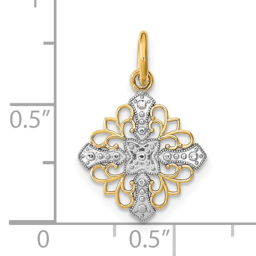 14K w/Rhodium and  D/C Filigree Medallion Charm-K9508