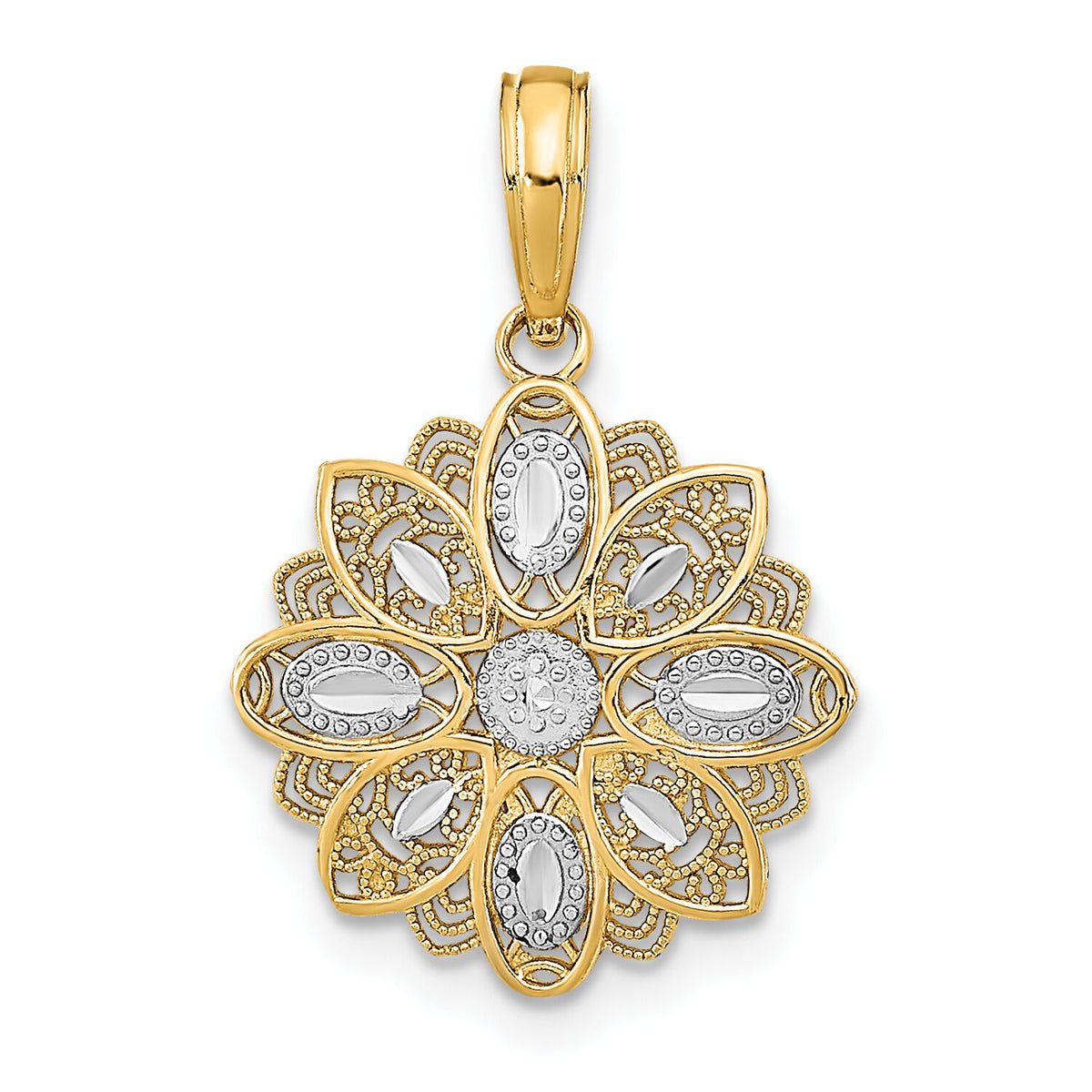 14K w/Rhodium and D/C  Filigree Flower Charm-K9509
