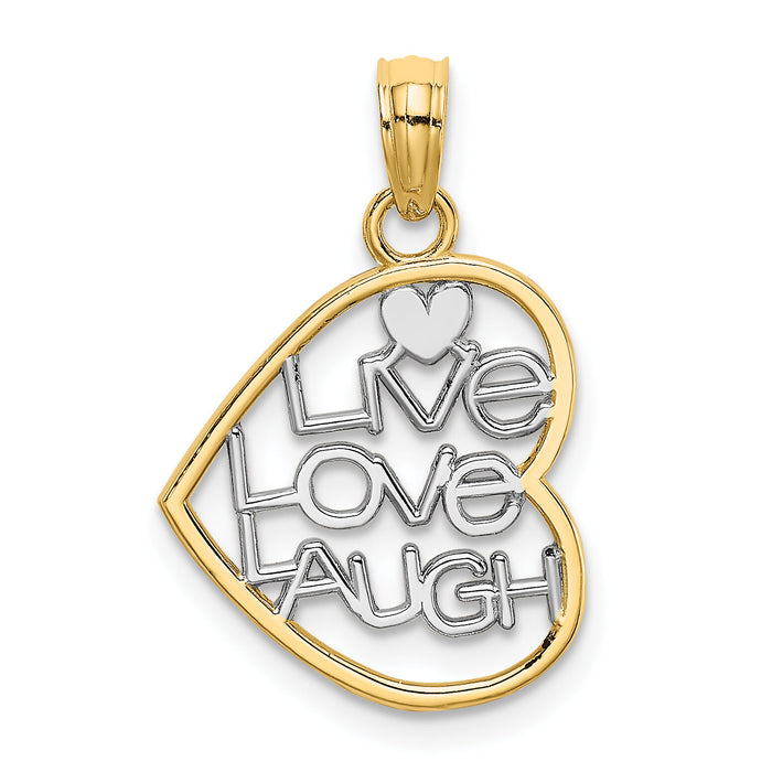 14k and Rhodium LIVE LOVE LAUGH In Heart Charm-K9521