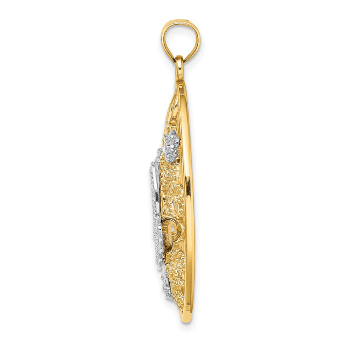 14k Two-Tone w/Rhodium Butterfly and Flowers in Oval Frame Charm-K9523