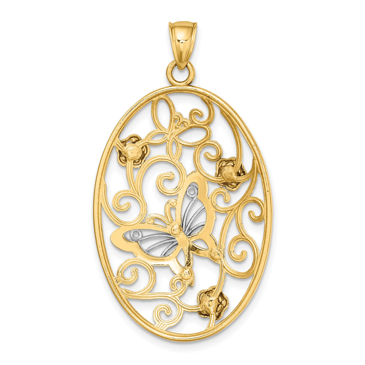 14k Two-Tone w/Rhodium Butterfly and Flowers in Oval Frame Charm-K9523