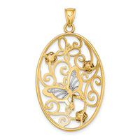 14k Two-Tone w/Rhodium Butterfly and Flowers in Oval Frame Charm-K9523