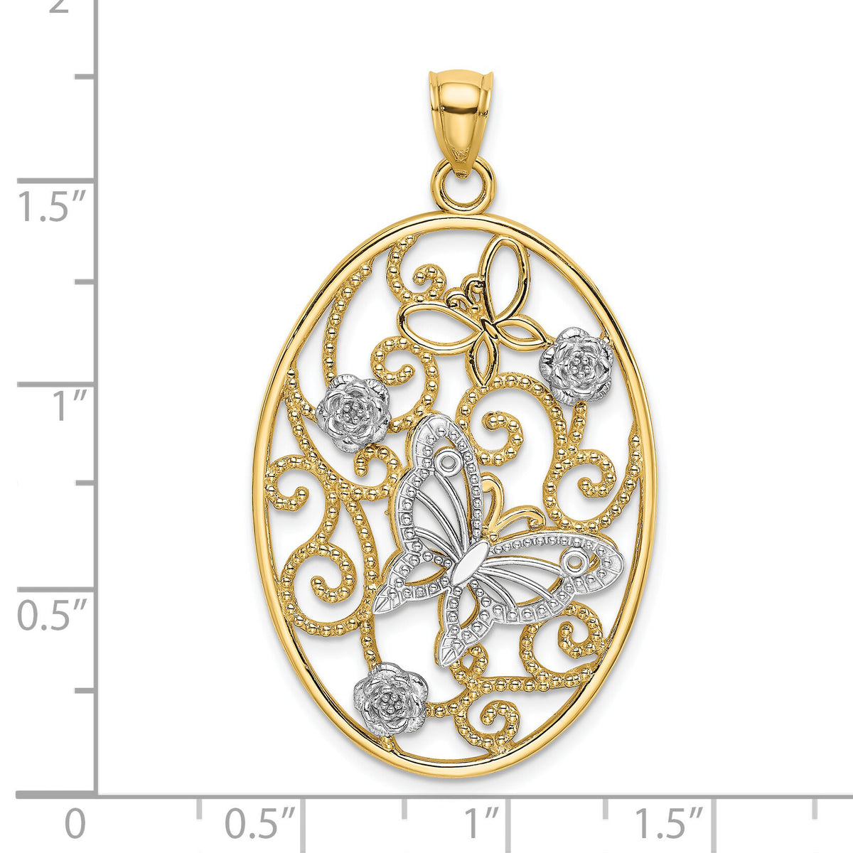 14k Two-Tone w/Rhodium Butterfly and Flowers in Oval Frame Charm-K9523