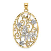 14k Two-Tone w/Rhodium Butterfly and Flowers in Oval Frame Charm-K9523