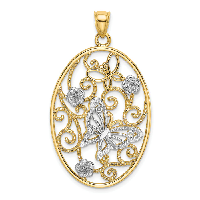 14k Two-Tone w/Rhodium Butterfly and Flowers in Oval Frame Charm-K9523