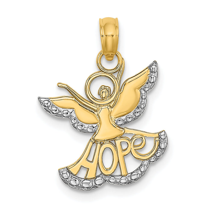 14K w/Rhodium Polished/Textured Cut-Out HOPE Angel Charm-K9547