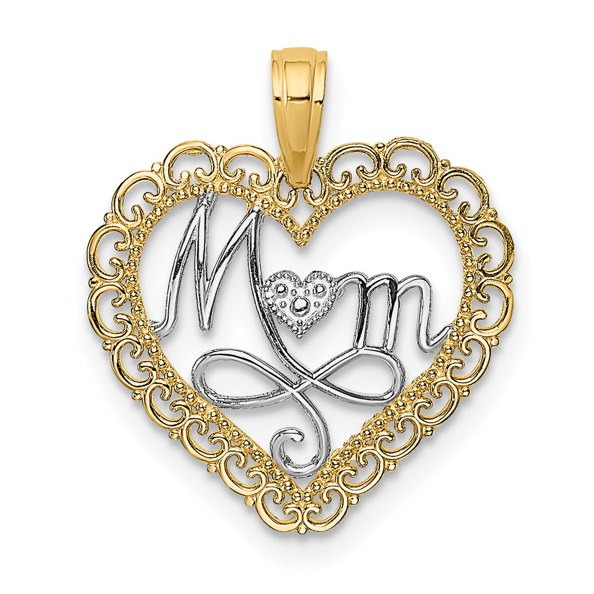 14k w/Rhodium Cut-Out MOM In Scallop Heart Charm-K9550