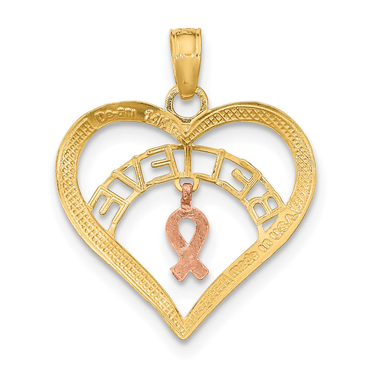 14k Two-tone White Rhodium BELIEVE in Heart w/ Breast Cancer Ribbon-K9551
