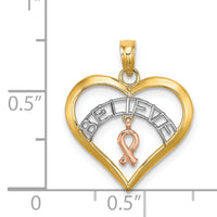 14k Two-tone White Rhodium BELIEVE in Heart w/ Breast Cancer Ribbon-K9551