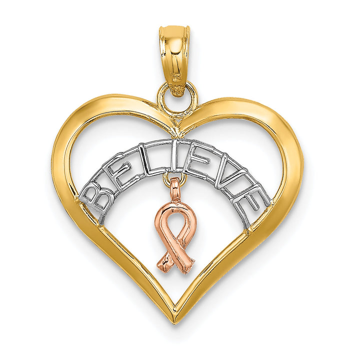 14k Two-tone White Rhodium BELIEVE in Heart w/ Breast Cancer Ribbon-K9551
