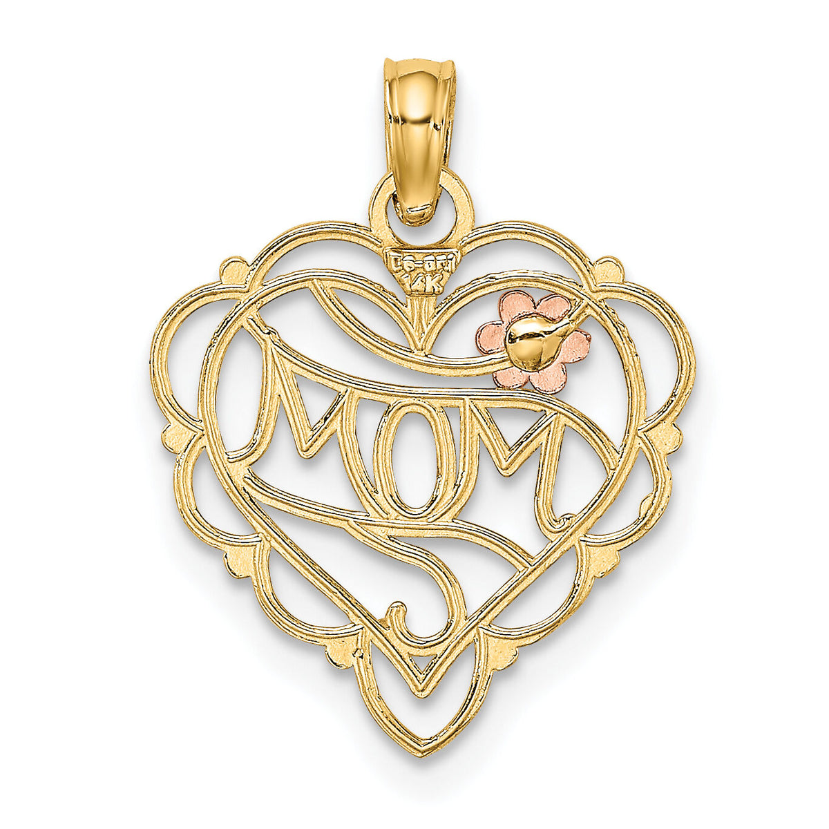 14k Two-Tone w/White Rhodium MOM Heart w/Flower Charm-K9553