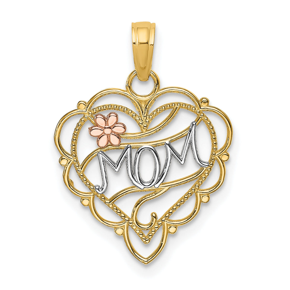14k Two-Tone w/White Rhodium MOM Heart w/Flower Charm-K9553