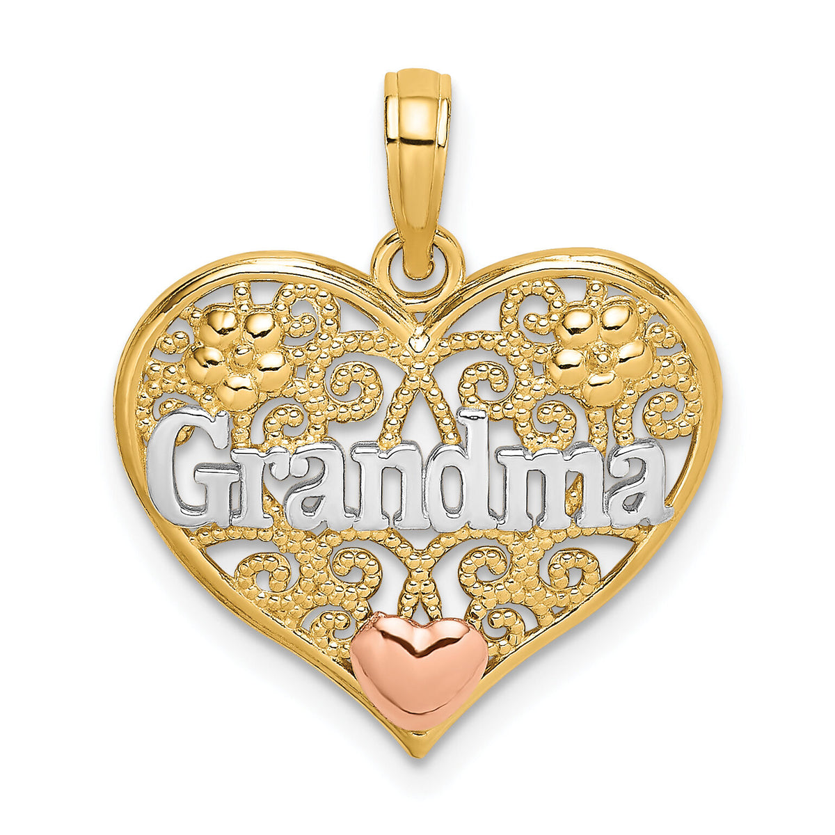 14k Two-tone White Rhodium GRANDMA In Filigree Heart Charm-K9557