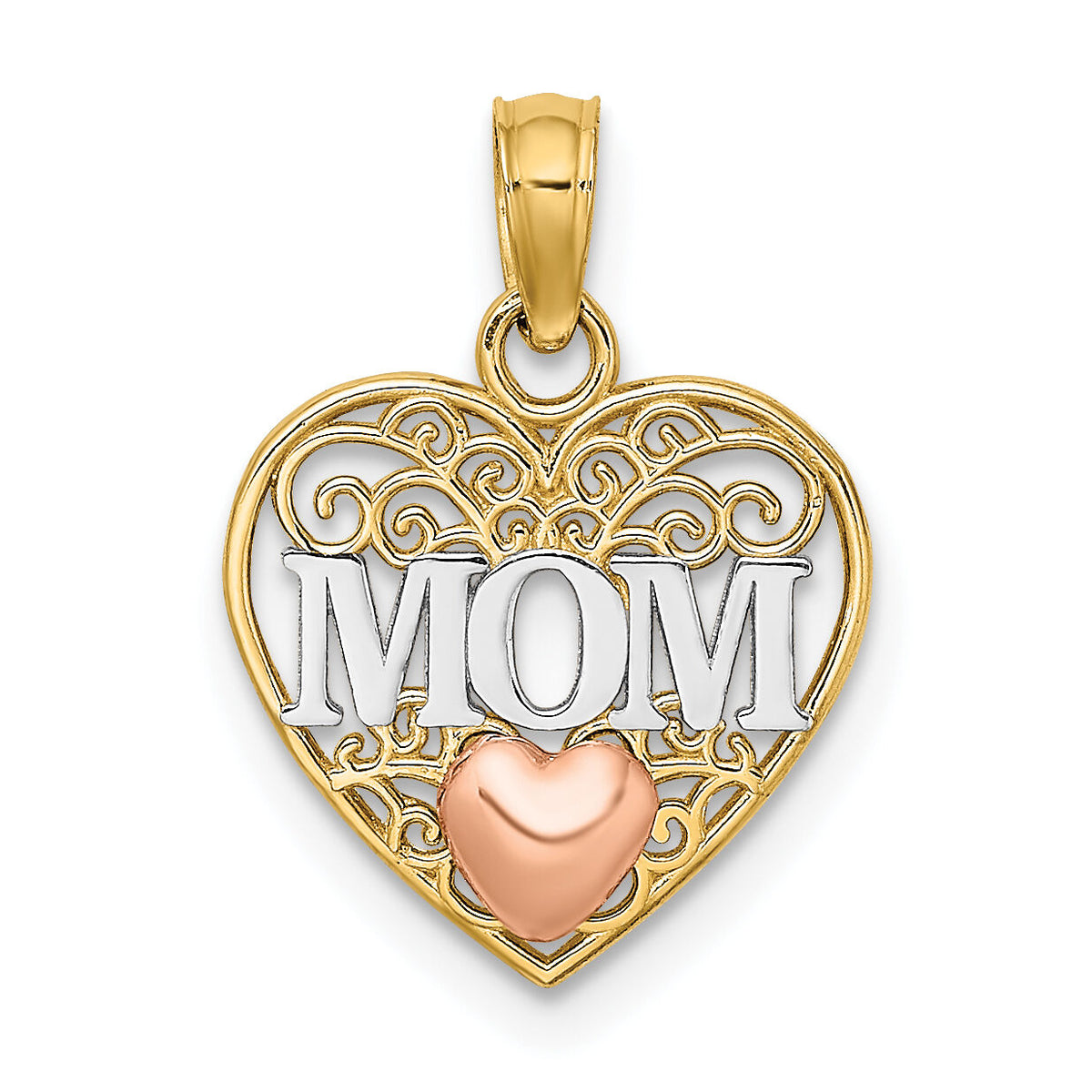 14K Two-tone w/White Rhodium Polished MOM  in Heart Pendant-K9559