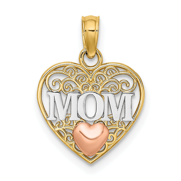 14K Two-tone w/White Rhodium Polished MOM  in Heart Pendant-K9559