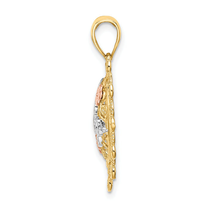 14k Two-tone w/White Rhodium I LOVE YOU Filigree Heart Flower Charm-K9560