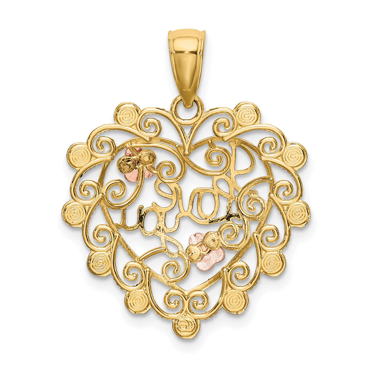 14k Two-tone w/White Rhodium I LOVE YOU Filigree Heart Flower Charm-K9560