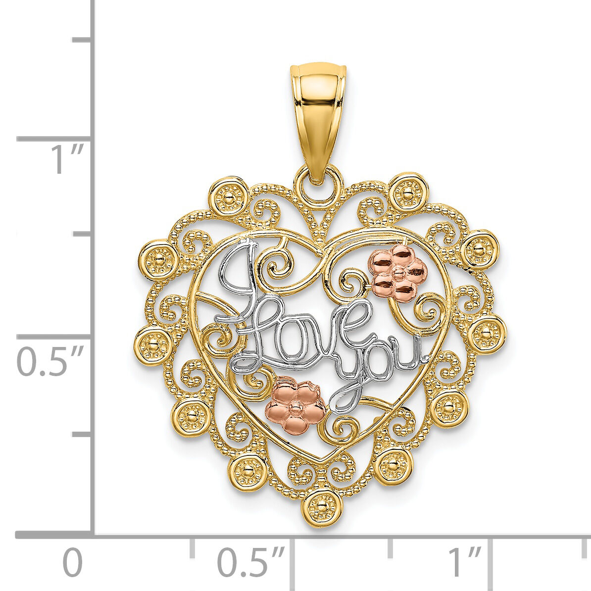 14k Two-tone w/White Rhodium I LOVE YOU Filigree Heart Flower Charm-K9560
