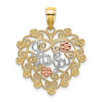 14k Two-tone w/White Rhodium I LOVE YOU Filigree Heart Flower Charm-K9560