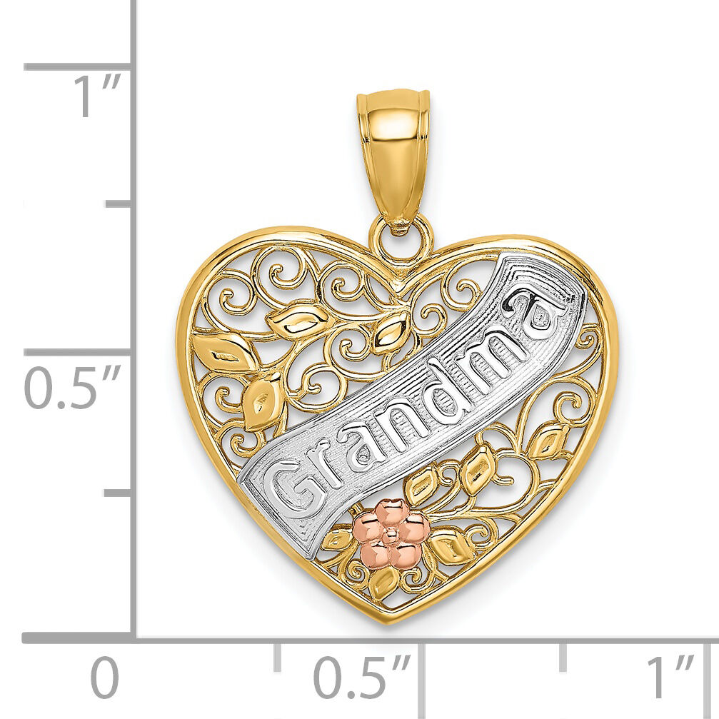 14k Two-tone White Rhodium GRANDMA In Filigree Heart w/ Flowers Charm-K9561