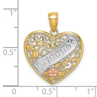 14k Two-tone White Rhodium GRANDMA In Filigree Heart w/ Flowers Charm-K9561