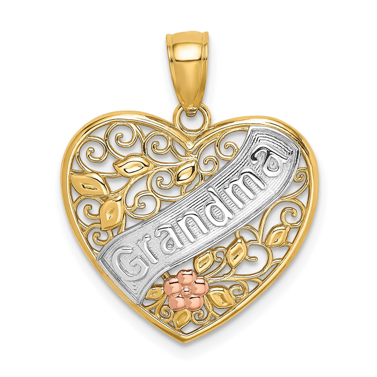 14k Two-tone White Rhodium GRANDMA In Filigree Heart w/ Flowers Charm-K9561