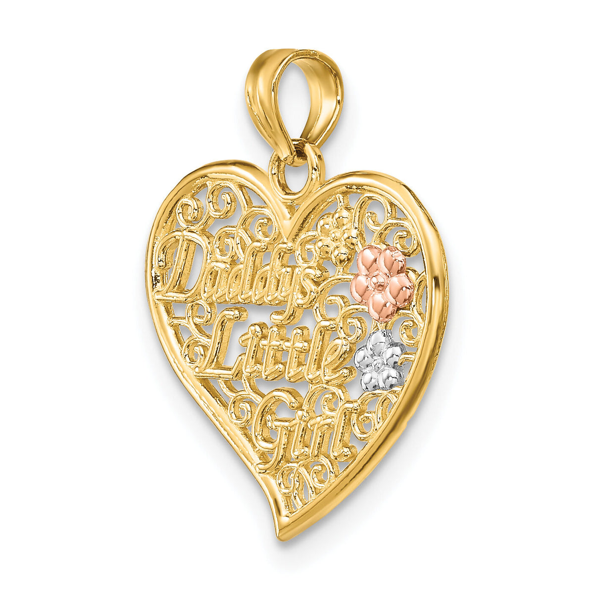 14k Two-tone White Rhodium DADDYS LITTLE GIRL Filigree Heart Charm-K9562