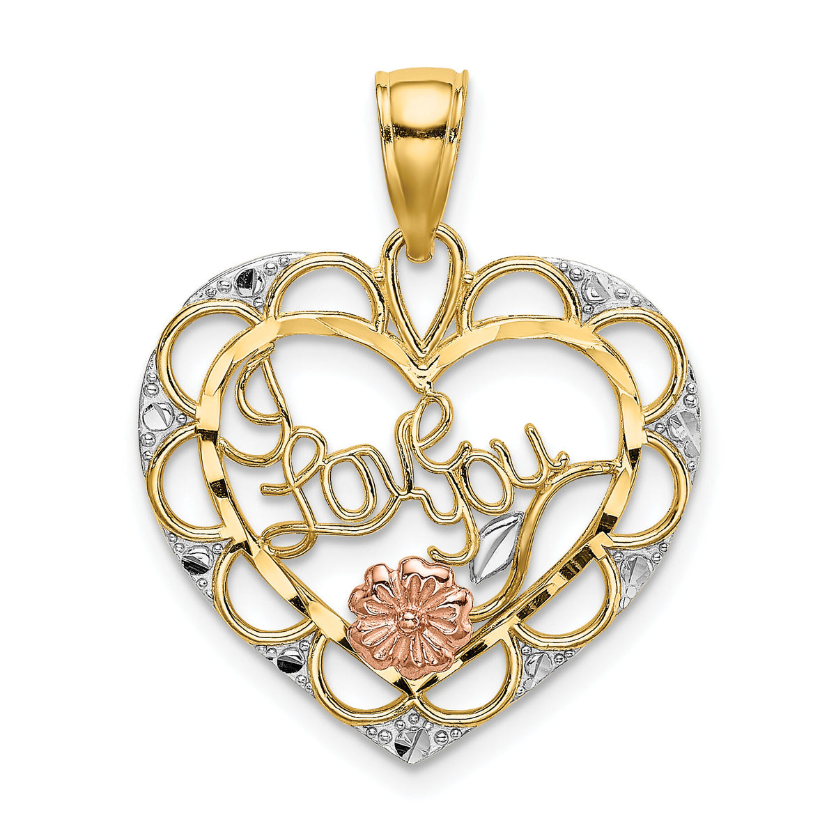 14k Two-one w/White Rhodium I LOVE YOU Heart w/ Flower Charm-K9563