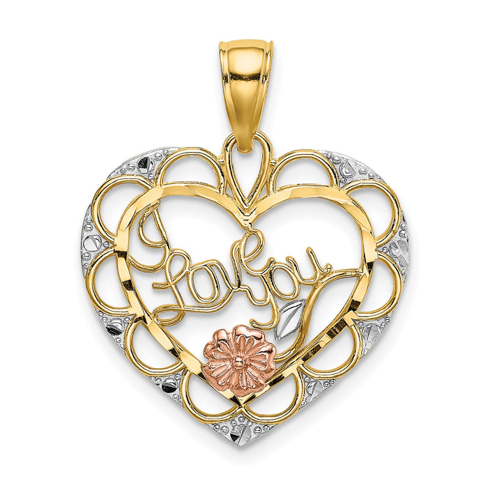 14k Two-one w/White Rhodium I LOVE YOU Heart w/ Flower Charm-K9563