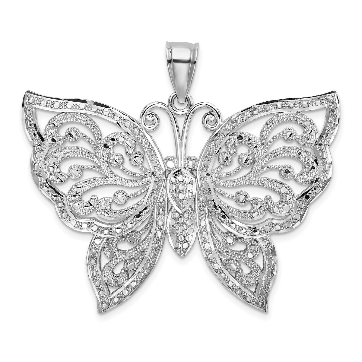 14K White Gold Large Diamond-cut Beaded Butterfly Charm-K9567W