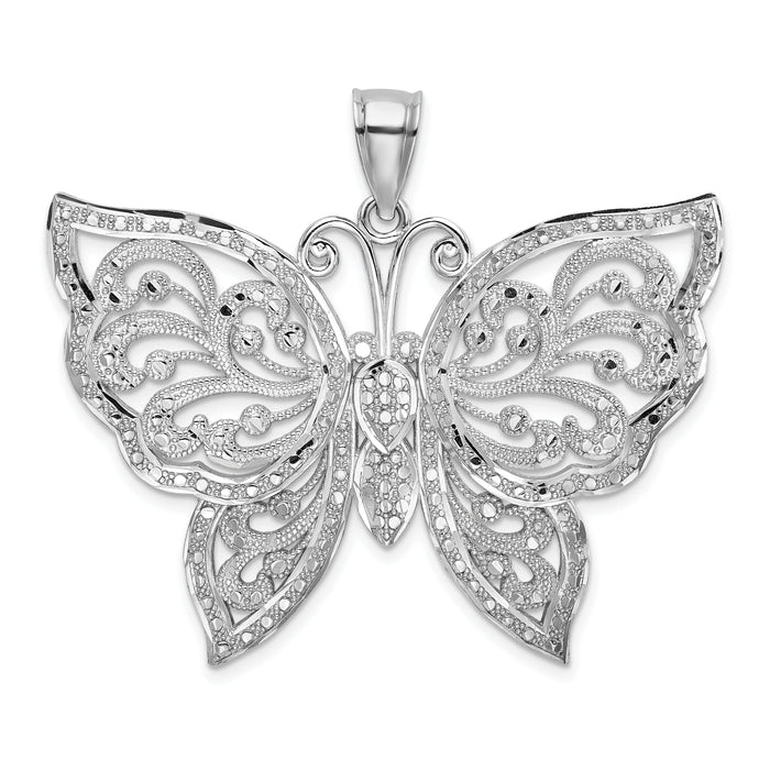 14K White Gold Large Diamond-cut Beaded Butterfly Charm-K9567W