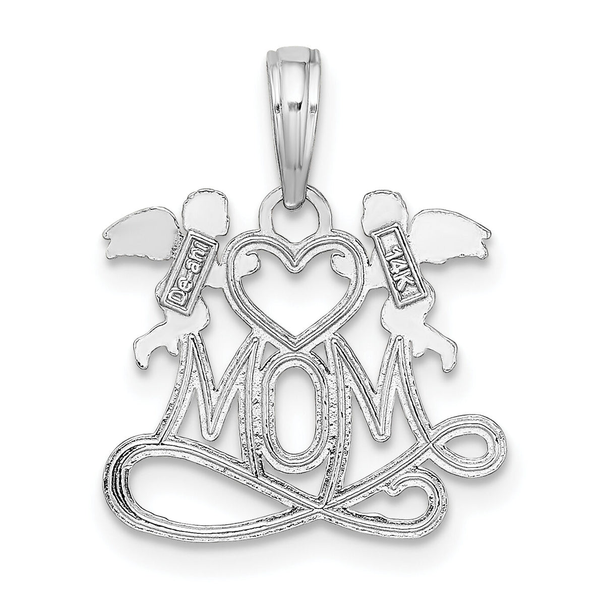 14K White Gold MOM w/ 2 Angels Holding Heart Charm-K9577W