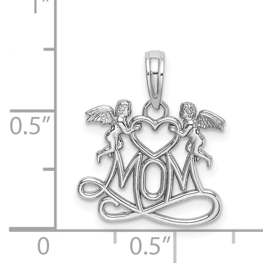 14K White Gold MOM w/ 2 Angels Holding Heart Charm-K9577W