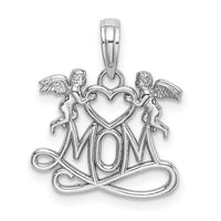 14K White Gold MOM w/ 2 Angels Holding Heart Charm-K9577W
