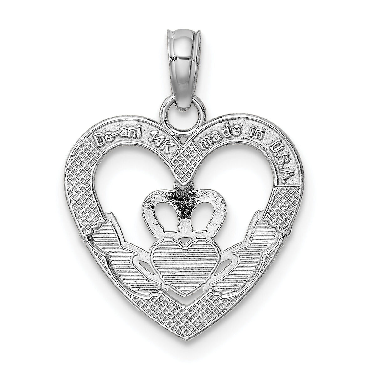 14K White Gold Polished/Textured Heart Claddagh Charm-K9581W