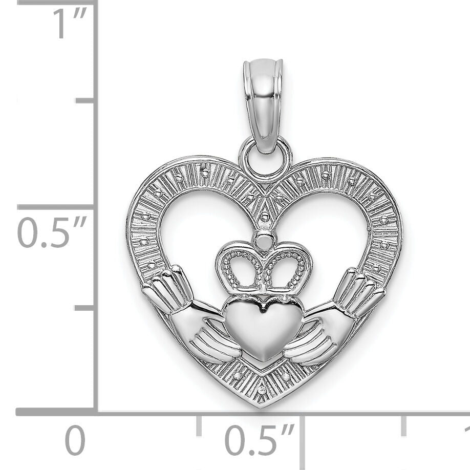 14K White Gold Polished/Textured Heart Claddagh Charm-K9581W