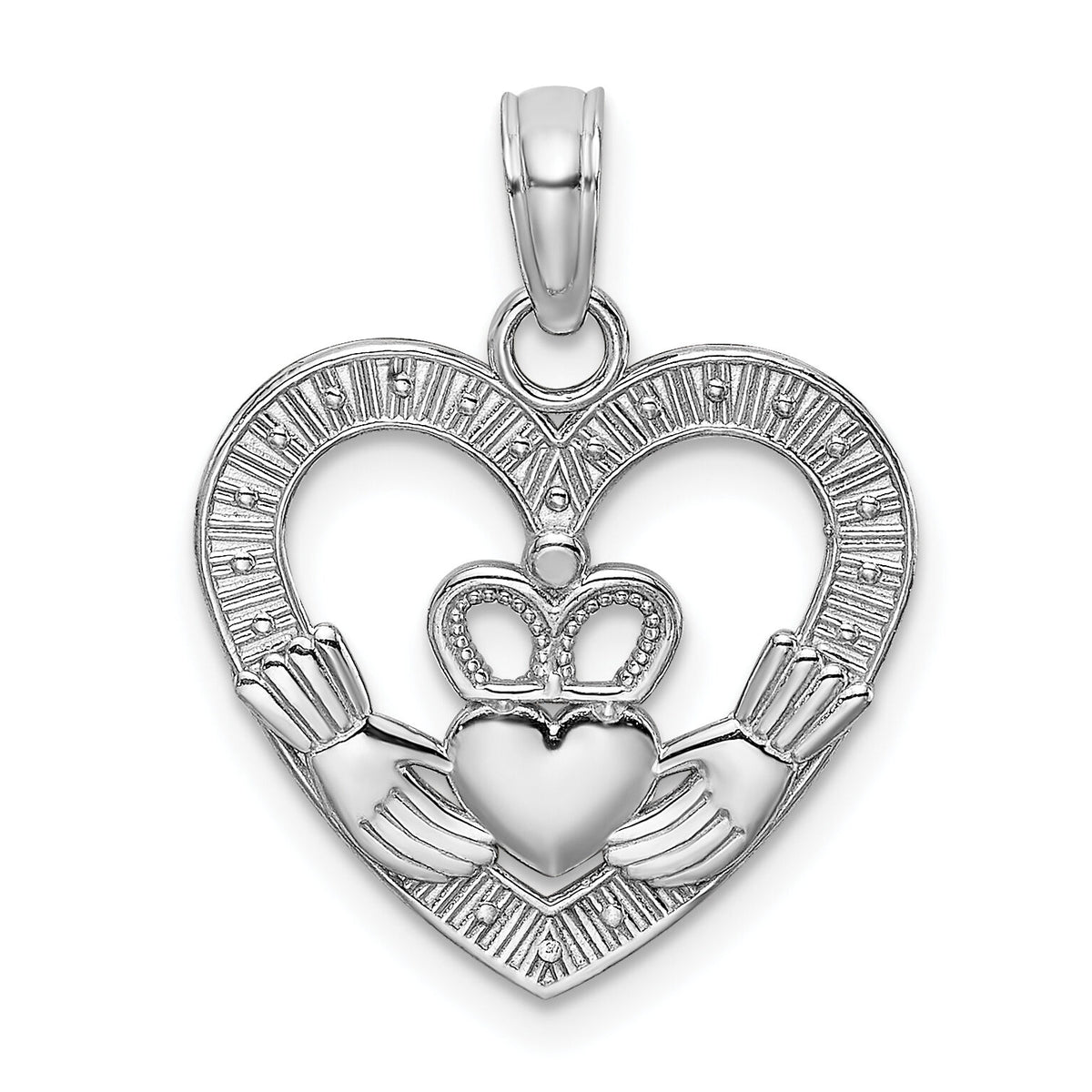 14K White Gold Polished/Textured Heart Claddagh Charm-K9581W