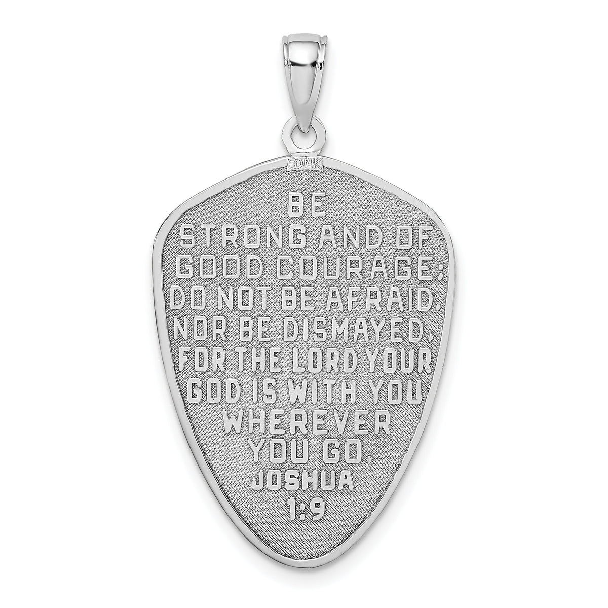 14k White Gold Cross Shield w/ Joshua 1:9 On Reverse Charm-K9582W