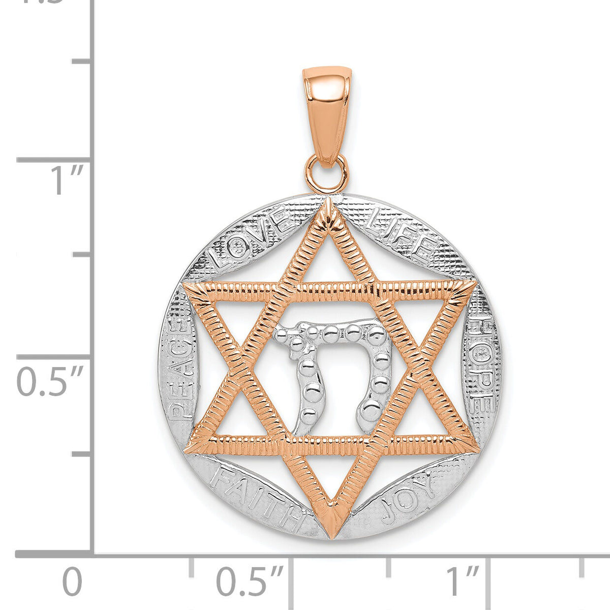 14K Rose Gold w/Rhodium Polished Star of David w/Chai Pendant-K9676