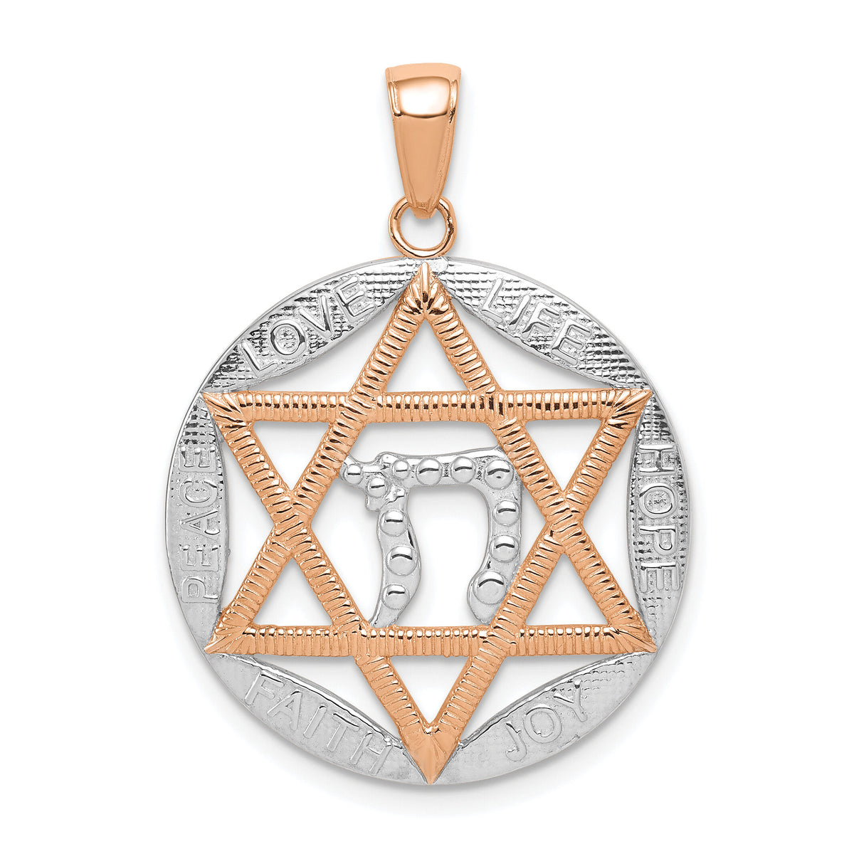 14K Rose Gold w/Rhodium Polished Star of David w/Chai Pendant-K9676