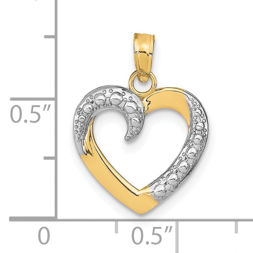 14K and White Rhodium Polished and Textured Heart Pendant-K9678
